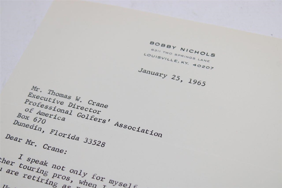 Bobby Nichols Signed Letter to PGA Ex. Dir. Tom Crane on Pers. Letterhead - 1/25/1965 JSA ALOA