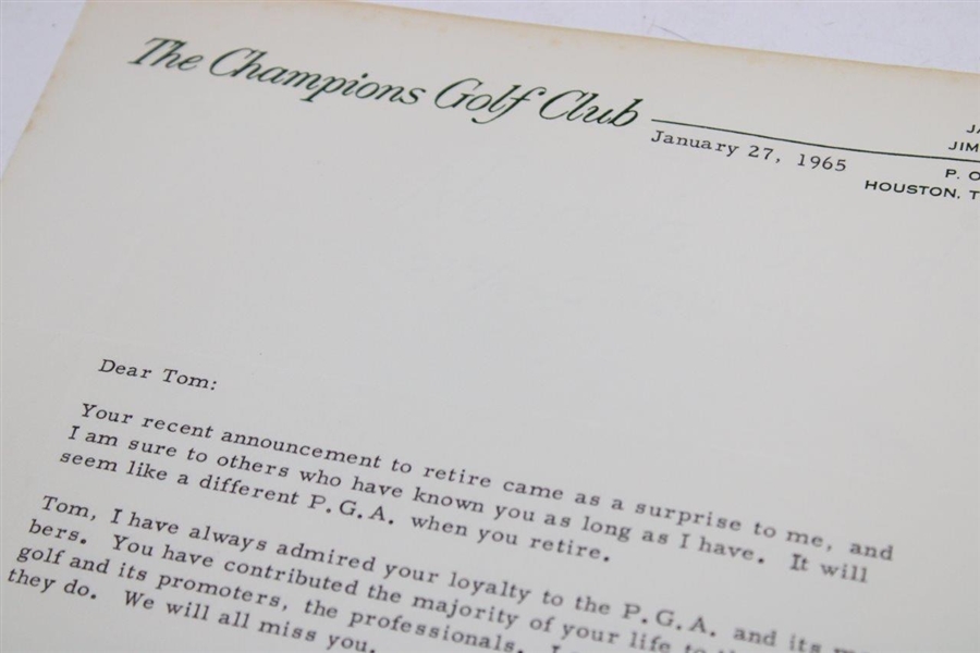 Jack Burke Letter to PGA Ex. Dir. Tom Crane on Pers. Letterhead - 1/27/1965