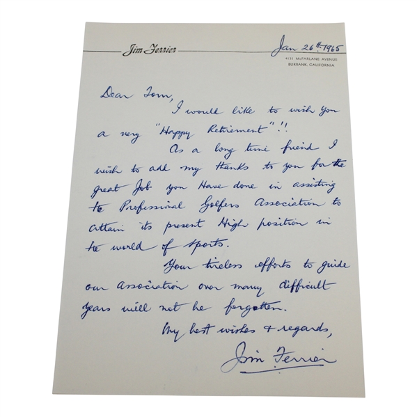 Jim Ferrier Signed Letter to PGA Ex. Dir. Tom Crane on Pers. Letterhead - 1/26/1965 JSA ALOA