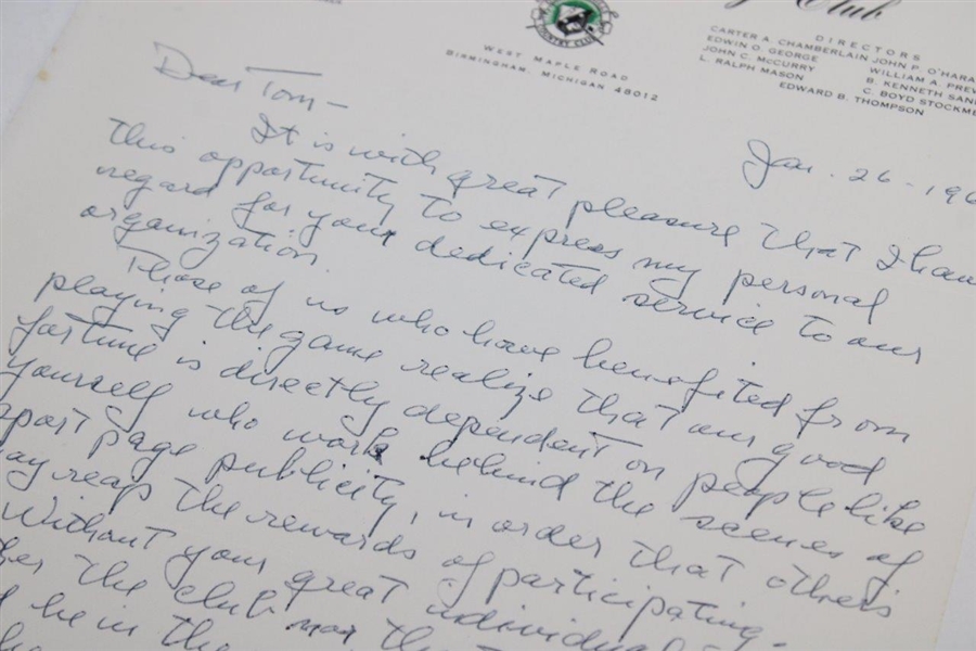 Al Watrous Signed Letter to PGA Ex. Dir. Tom Crane on Pers. Letterhead - 1/26/1965 JSA ALOA