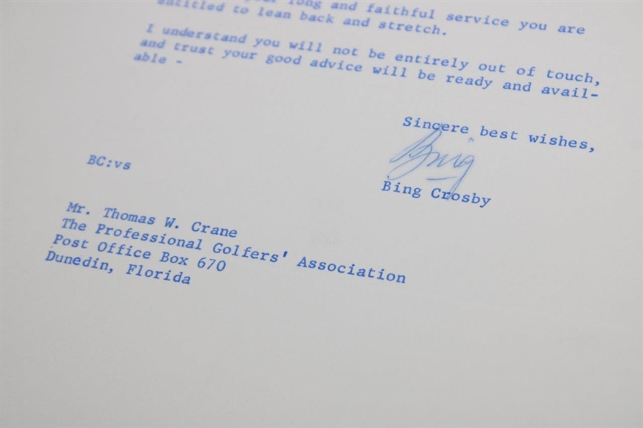 Bing Crosby Signed Letter to PGA Ex. Dir. Tom Crane on Pers. Letterhead - 1/29/1965 JSA ALOA