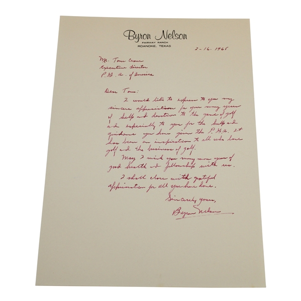 Byron Nelson Signed Letter to PGA Ex. Dir. Tom Crane on Pers. Letterhead - 2/16/1965 JSA ALOA