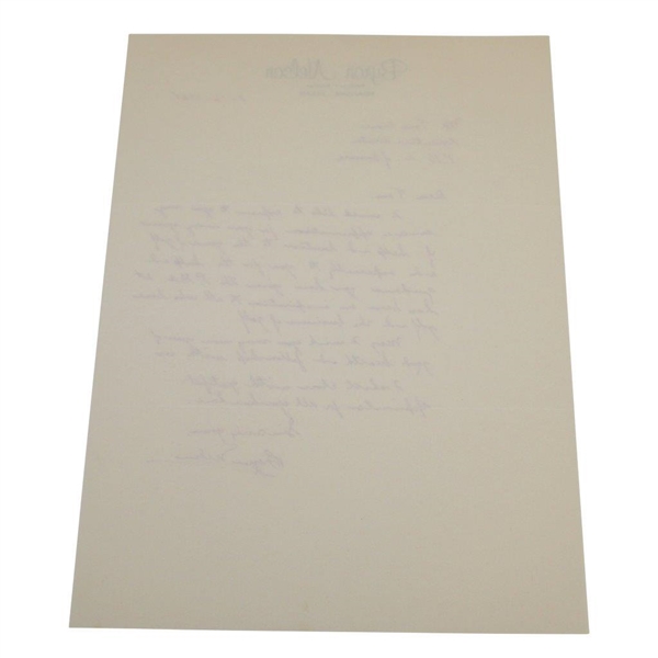 Byron Nelson Signed Letter to PGA Ex. Dir. Tom Crane on Pers. Letterhead - 2/16/1965 JSA ALOA