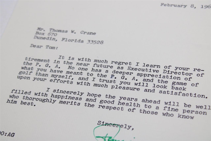 Francis Ouimet Signed Letter to PGA Ex. Dir. Tom Crane on Pers. Letterhead - 2/8/1965 JSA ALOA