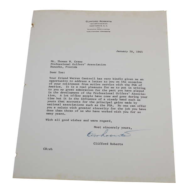 Clifford Roberts Signed Letter to PGA Ex. Dir. Tom Crane on Pers. Letterhead - 1/20/1965 JSA ALOA