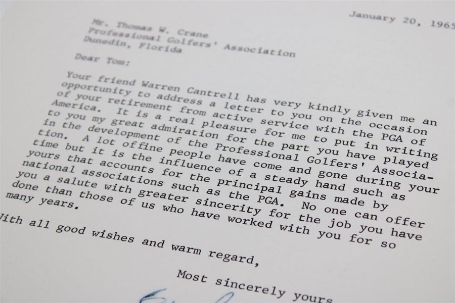 Clifford Roberts Signed Letter to PGA Ex. Dir. Tom Crane on Pers. Letterhead - 1/20/1965 JSA ALOA