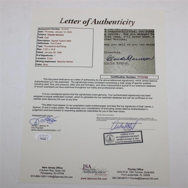 Claude Harmon Signed Letter to PGA Ex. Dir. Tom Crane on Pers. Letterhead - 1/28/1965 JSA Full #YY12126
