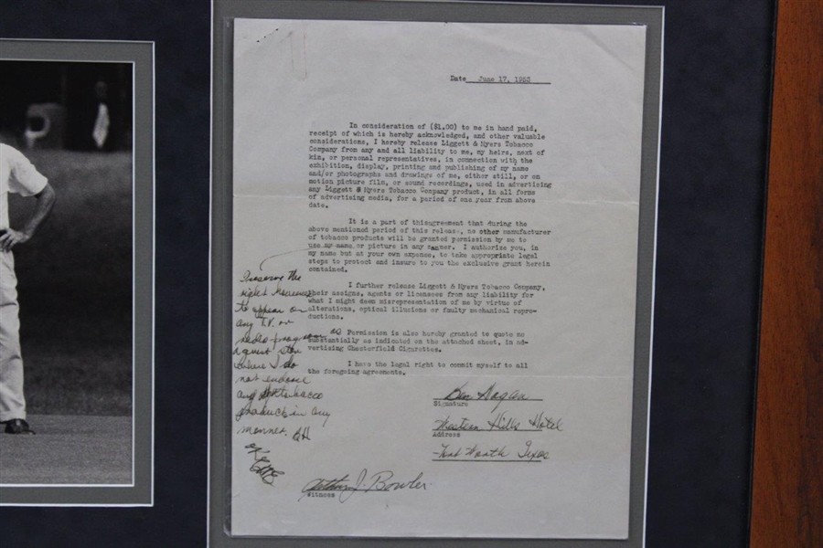 Ben Hogan Signed 6/17/1953 Chesterfield Cigarette Original Contract w/Handwritten Amendment JSA ALOA