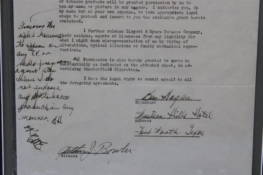 Ben Hogan Signed 6/17/1953 Chesterfield Cigarette Original Contract w/Handwritten Amendment JSA ALOA
