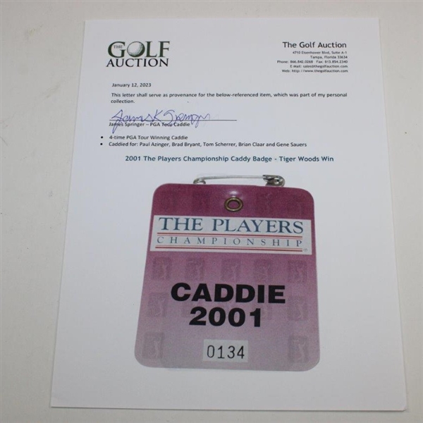 2001 The Players Championship Caddy Badge - Tiger Woods Win