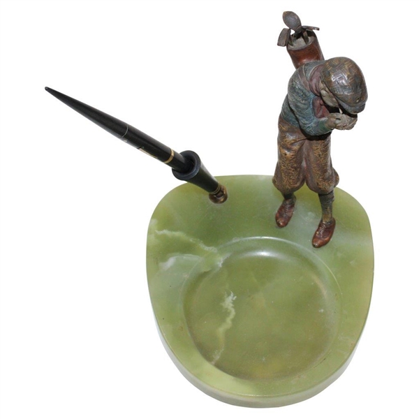Cold Painted Bronze Casted Sculpture Of A Golfer On A Marble Pen Stand Base