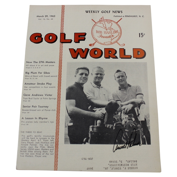 Arnold Palmer Signed 1963 Golf World Big Three Cover Only - March 29th JSA #AF85192