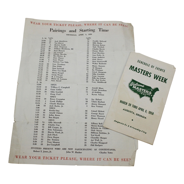 1958 Masters Thursday Pairing Sheet & Schedule of Events Pamphlet - Arnold Palmer Winner