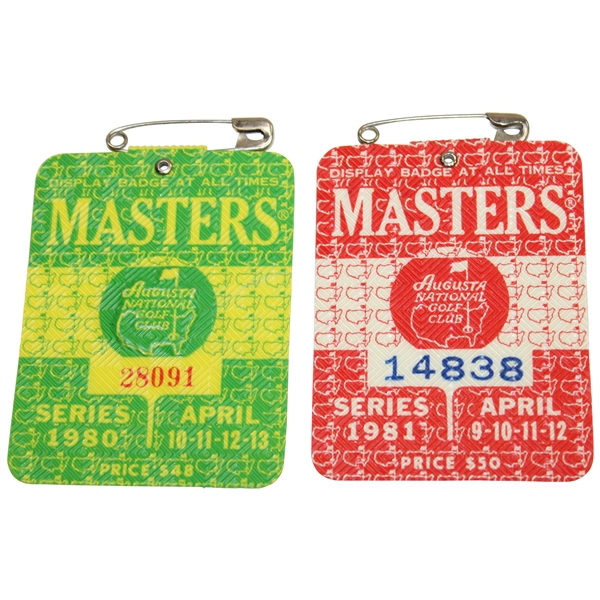 1980 & 1981 Masters Tournament SERIES Badges #28091 & 14838 - Seve & Watson Winners