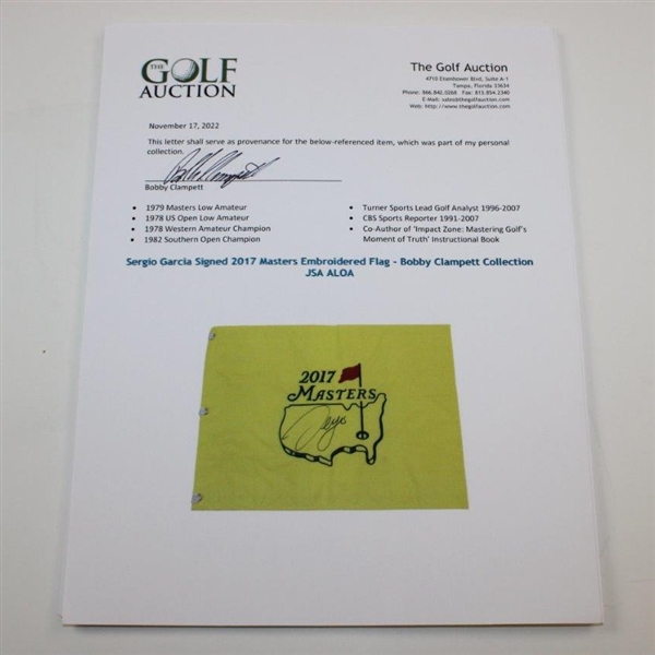 Sergio Garcia Signed 2017 Masters Embroidered Flag - Bobby Clampett Collection JSA ALOA