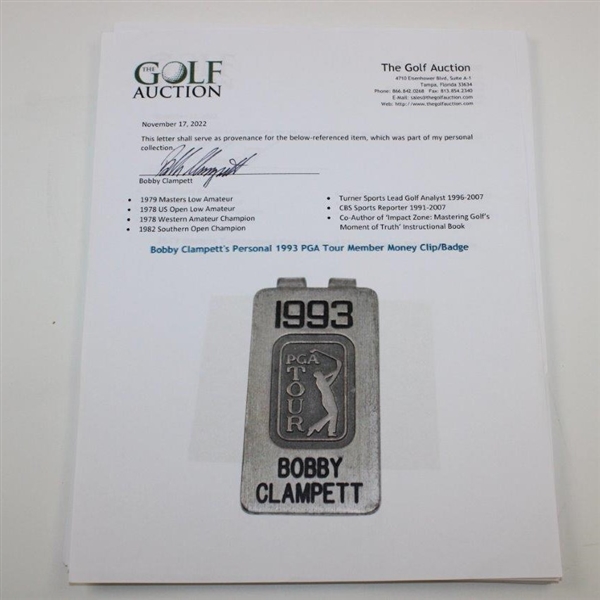 Bobby Clampett's Personal 1993 PGA Tour Member Money Clip/Badge
