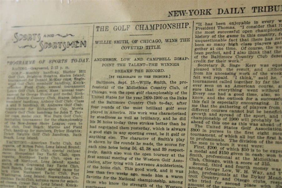 1899 New York Daily Tribune with Willie Smith Wins US Open at Baltimore CC Article