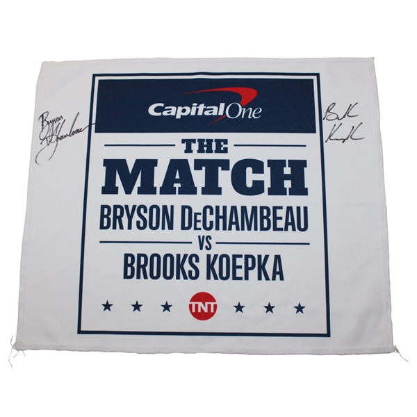 Bryson DeChambeau & Brooks Kopeka Signed Capital One 'The Match' White Cloth Signage JSA ALOA