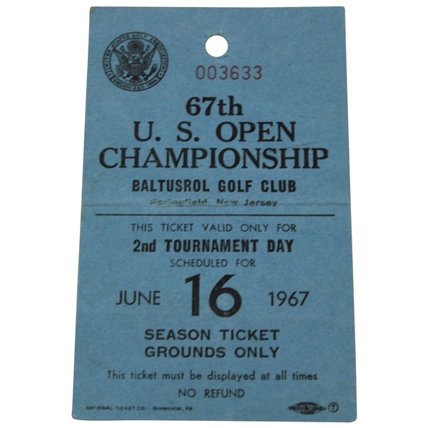 1967 US Open at Balustrol Golf Club Ticket # - Jack Nicklaus Winner