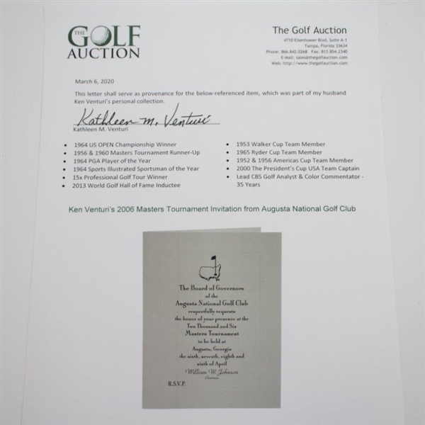 Ken Venturi's Augusta National Golf Club Invitation to 2006 Masters Tournament