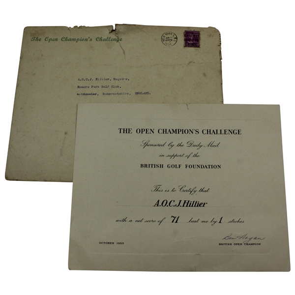 Ben Hogan Signed 1953 Open Champion’s Challenge Certificate with Envelope JSA ALOA