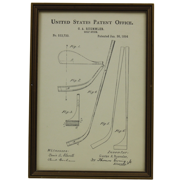 United States Patent Office 'Patent No. 513,733 Patented Jan. 30, 1894' Golf Stick Print - Framed