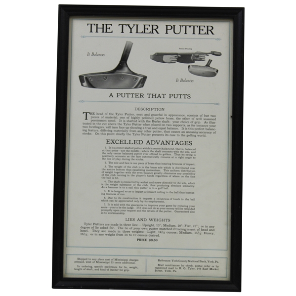The Tyler Putter 'A Putter That Puts' Excelled Advantages Patent Pending - Advertising Piece - Framed