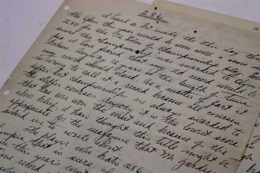 Charles 'Chick' Evans Handwritten 1928 US Open Preview Titled '286' (His Record 1916 US Open Score) - Significant Content