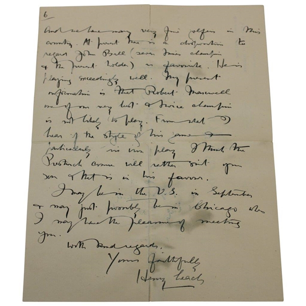 Author Henry Leach Signed 1911 Handwritten Letter to Charles 'Chick' Evans - John Ball & Open Championship Content 