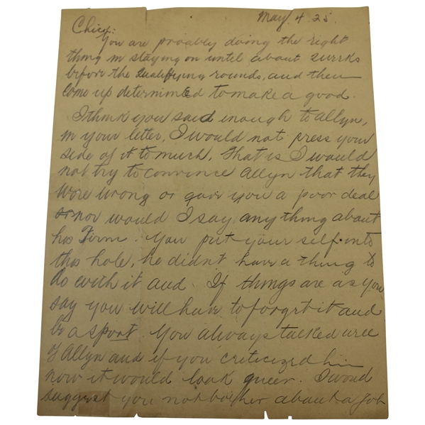 Ray Signed 1925 Handwritten Letter to Charles 'Chick' Evans Referencing Evans 'The Open' Travel Schedule