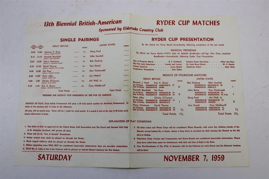 1959 Ryder Cup at Eldorado CC Weekend Booklet with Scorecard