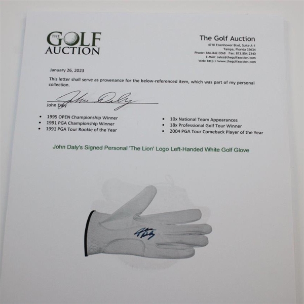 John Daly's Signed Personal 'The Lion' Logo Left-Handed White Golf Glove JSA ALOA