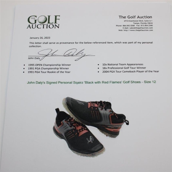 John Daly's Signed Personal Sqairz 'Black with Red Flames' Golf Shoes - Size 12 JSA ALOA