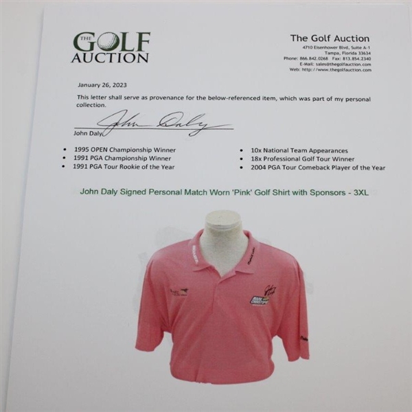John Daly Signed Personal Match Worn 'Pink' Golf Shirt with Sponsors - 3XL JSA ALOA