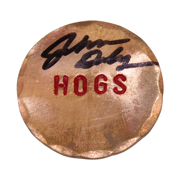 John Daly Signed Personal Custom Copper 'Hogs' Golf Ball Marker in Case & Bag