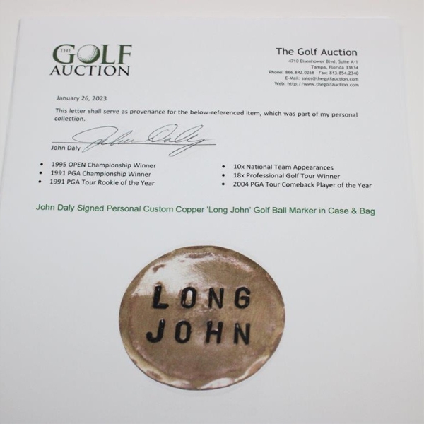John Daly Signed Personal Custom Copper 'Long John' Golf Ball Marker in Case & Bag