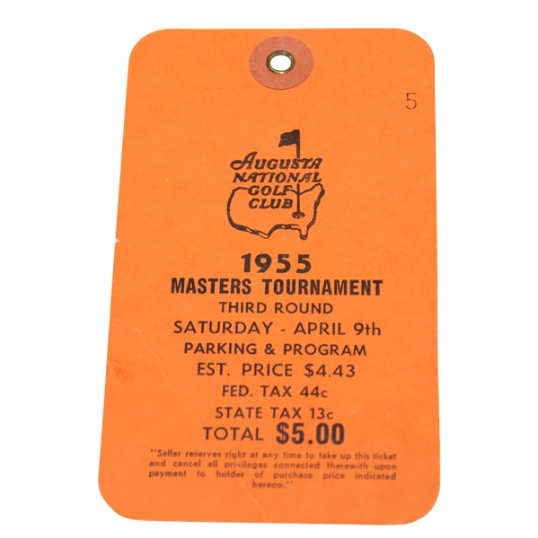 1955 Masters Tournament Saturday 3rd Round Ticket #5 - Top Example & Very Low Number!