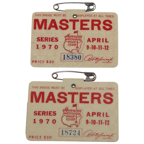 Two (2) 1970 Masters Tournament SERIES Badges - Billy Casper Winner