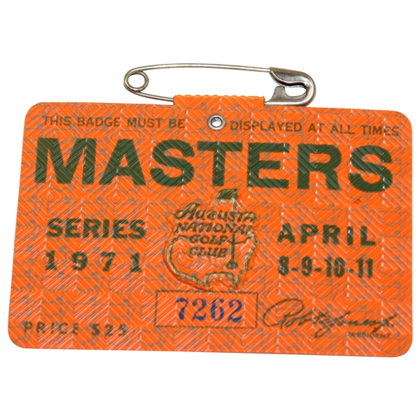 1971 Masters Tournament SERIES Badge #7262 - Charles Coody Winner