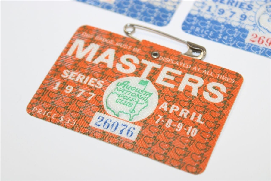 Two (2) 1979 with 1977 Masters Tournament SERIES Badges - Fuzzy Zoeller & Tom Watson Winners