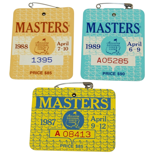 1987, 1988 & 1989 Masters Tournament SERIES Badges - Mize, Lyle & Faldo Winners