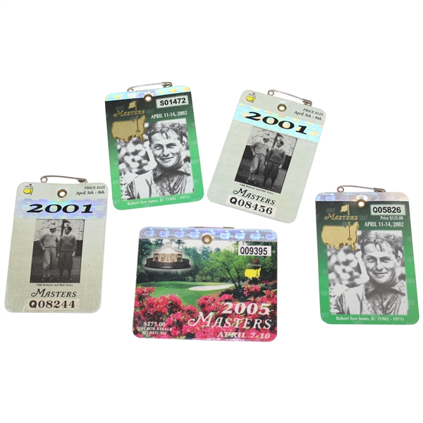 2001 (x2), 2002 (x2) & 2005 Masters Tournament SERIES Badges - Tiger Woods' Victories