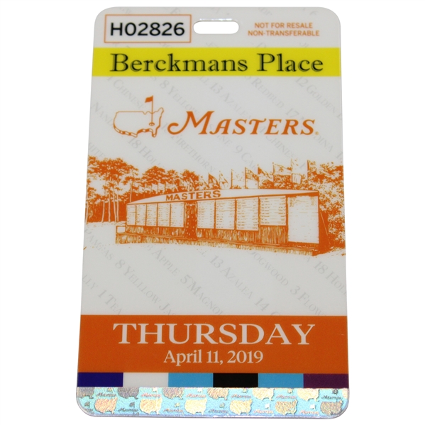 2019 Masters Tournament Berckman's Place Thursday Badge #H02826 - Tiger Woods Winner