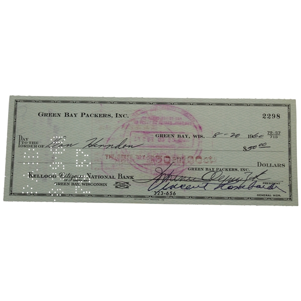 Vince Lombardi Signed Green Bay Packers Check to Player Don Herndon - 8/20/60 JSA ALOA