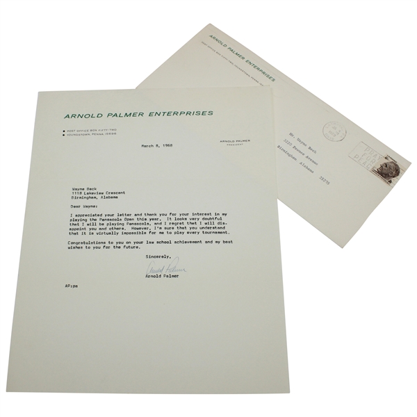 Arnold Palmer 1968 Personal Signed Letter On A. P. Enterprises Letterhead JSA ALOA