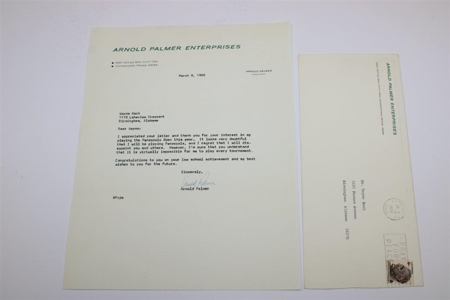 Arnold Palmer 1968 Personal Signed Letter On A. P. Enterprises Letterhead JSA ALOA