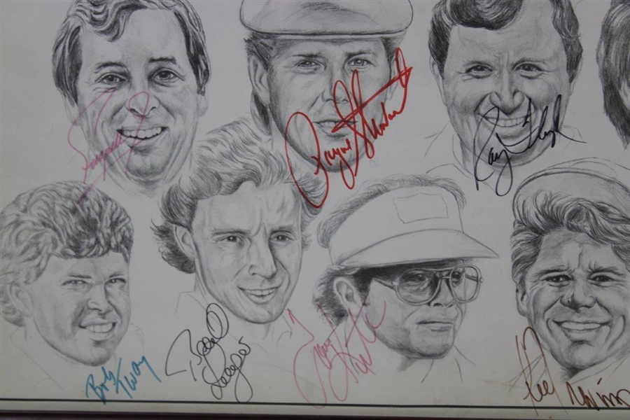 Hogan, Nicklaus, Seve & 12 Other Signed 1987 'Legends Of The Game' Caricature Print - Framed JSA ALOA