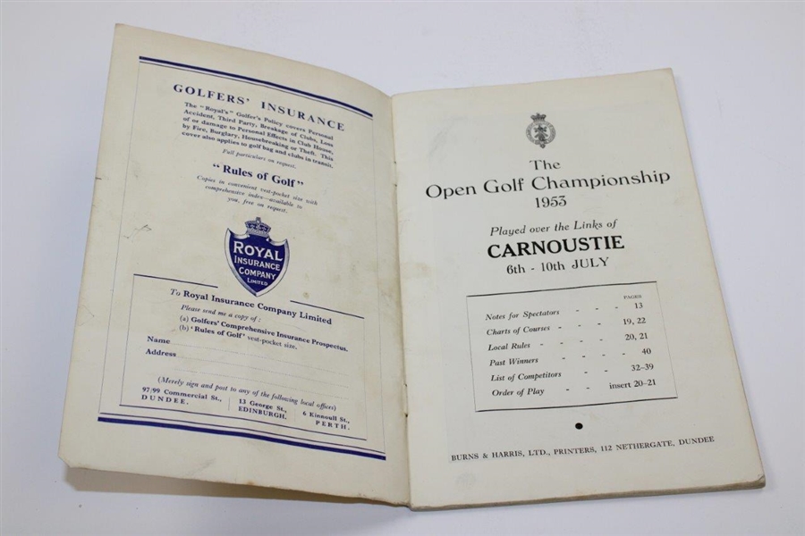 1953 Open Championship at Carnoustie Monday & Tuesday Official Program & Draw - Hogan Win