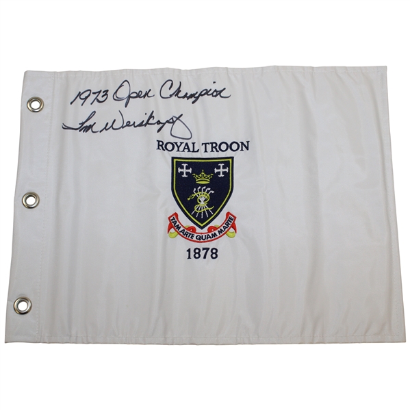 Tom Weiskopf Signed Royal Troon Embroidered Flag with '1973 Open Champion' JSA ALOA