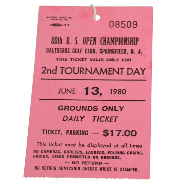 1980 US Open at Baltusrol Golf Club 2nd Tournament Day Ticket #08509 - Jack Nicklaus Major Win